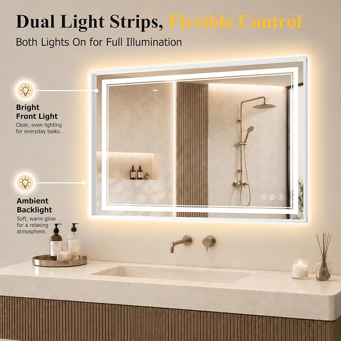 30"x40" LED Bathroom Mirror with Lights, Backlit + Front Lit, Anti-Fog | Lighted Bathroom Mirror with One-Piece Aluminum Alloy Frame, HD Shatterproof Tempered Glass, Dimmable, Memory Function