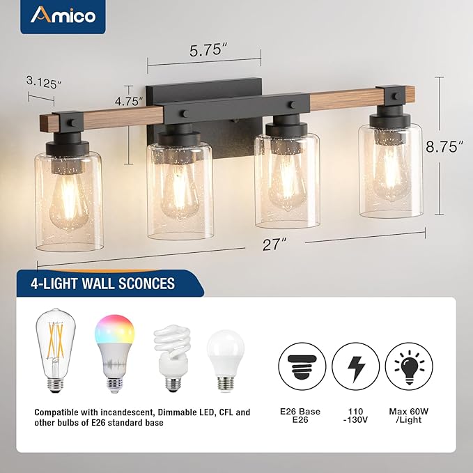 Amico Farmhouse Bathroom Vanity Light Fixtures,Rustic 4-Light Industrial Painted Wood Lights,Vintage Black Wall Sconces Bathroom Vanity Lighting with Bubble Glass Shade
