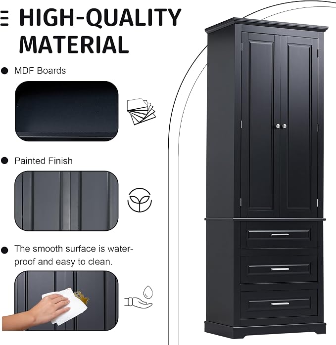 Merax 70" Pantry Cabinet with Two Doors & Three Drawer, Adjustable Shelves Storage Cupboard for Kitchen/Dining Room/Bathroom, Black