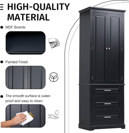 Merax 70" Pantry Cabinet with Two Doors & Three Drawer, Adjustable Shelves Storage Cupboard for Kitchen/Dining Room/Bathroom, Black