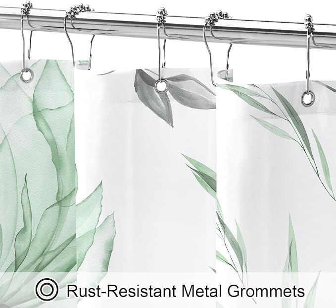 Green Boho Floral Shower Curtain, Watercolor Botanical Design, 72 x 72 | Boho Floral Design, Watercolor Ink Painting Style, Botanical Flowers & Leaves, Elegant Bathroom Accent, Fabric Cloth Curtain