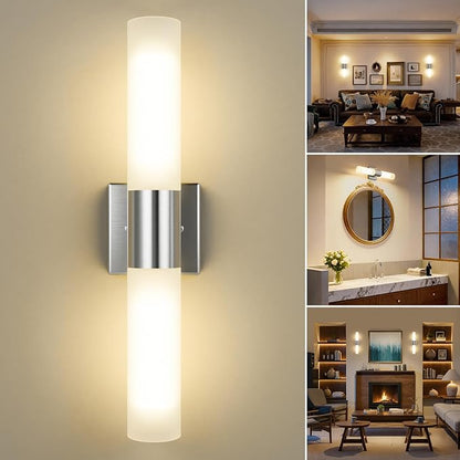 Modern 21" Bathroom Vanity Wall Sconce, Frosted Glass, Silver | Indoor Lighting Fixture, For Living Room, Stairs & Bedroom, Mounting Hardware Included, Easy To Install, Sturdy Metal Build.
