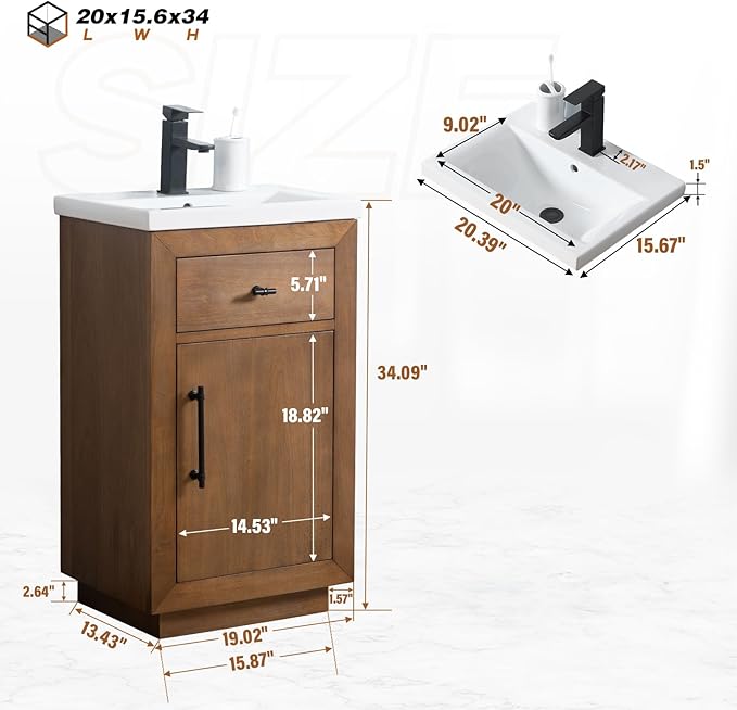 HOMEBEYOND 20" Bathroom Vanity with Single Sink & Ceramic Top, MDF Material Vanity Cabinet with Basin Combo, Soft-Closing Doors, Removable Shelf, Backsplash, Tan