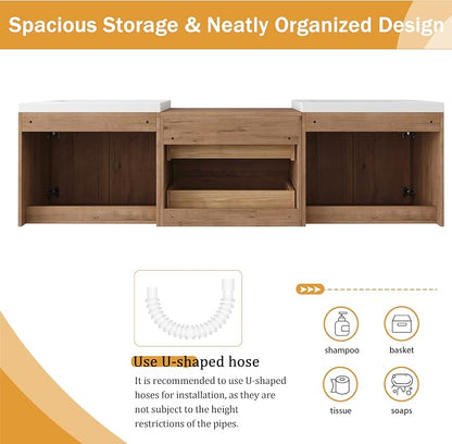 Malwee 72'' Floating Bathroom Vanity with Double Sink, Brown | Wall Mounted Double Sink Combo, Plywood Cabinet, Resin Basin, Ample Storage, Soft-close Hinge, Assembly Required