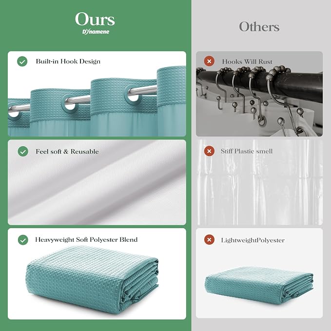 Teal Hook Free Waffle Shower Curtain & Snap-in Fabric Liner,72x75 | Less Time to install, 3 in 1 Fabric Shower Curtain and Liner Set with Magnets, Mesh Top Window, Shower Curtains for Bathroom