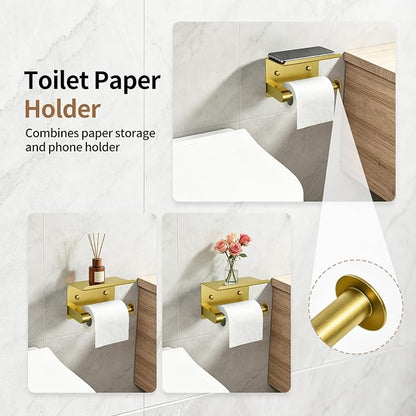5-Piece Gold Bathroom Accessories Set Complete Wall Mounted | Includes Towel Bar, Paper Holder, Towel Ring, 2 Robe Hooks, durable gold finish and wall anchors