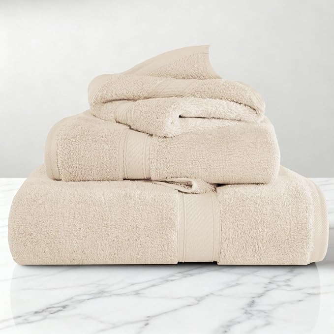 SUPERIOR Egyptian Cotton Ultra Plush & Absorbent, 3 Piece Set, Cream | Quick Dry, Soft Luxury Towel Set, Bath Essentials, Guest Bath, Spa, 1 Bath, 1 Hand, 1 Face Towels, Madeline Towels