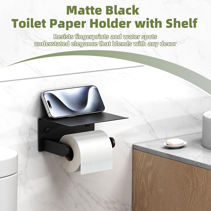 Toilet Paper Holder with Phone Shelf, Matte Black, Wall Mounted | 304 Stainless Steel, Rustproof Tissue Holder for Bathroom Restroom Powder Room, Paper Roll Dispenser, Large Phone Storage