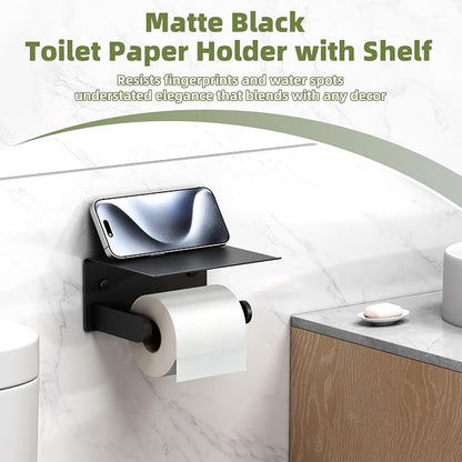 Toilet Paper Holder with Phone Shelf, Matte Black, Wall Mounted | 304 Stainless Steel, Rustproof Tissue Holder for Bathroom Restroom Powder Room, Paper Roll Dispenser, Large Phone Storage
