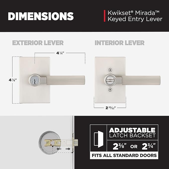 Kwikset Mirada Reeded Entry Door Handle with Lock and Key, Secure Keyed Reversible Lever Exterior, Door Lock for Front Door, Satin Nickel, Pick Resistant SmartKey Security and Microban