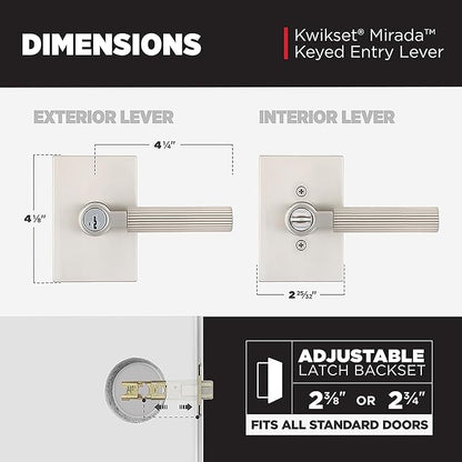 Kwikset Mirada Reeded Entry Door Handle with Lock and Key, Secure Keyed Reversible Lever Exterior, Door Lock for Front Door, Satin Nickel, Pick Resistant SmartKey Security and Microban