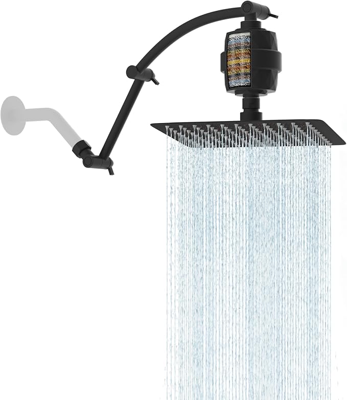 Hibbent 10'' Filtered Rain Shower Head with 16'' Extension Arm, Matte Black | High Pressure Rainfall Showerhead, Brass Adjustable Shower Head Extension Arm, 20 Stage Shower Filter, Fixed Showerheads