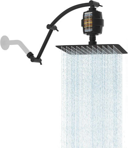 Hibbent 10'' Filtered Rain Shower Head with 16'' Extension Arm, Matte Black | High Pressure Rainfall Showerhead, Brass Adjustable Shower Head Extension Arm, 20 Stage Shower Filter, Fixed Showerheads