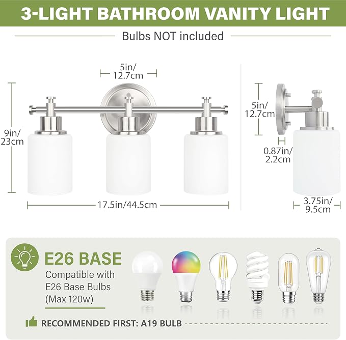 3-Light Bathroom Vanity Light Fixture, Brushed Nickel Bathroom Wall Sconce | 17.5 In Bathroom Vanity Light Fixture, Brushed Nickel Bathroom Wall Light over Mirror, Anti-Rust(Bulbs Not Included, E26)