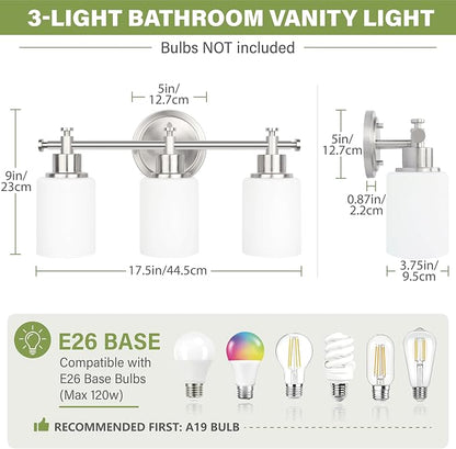 3-Light Bathroom Vanity Light Fixture, Brushed Nickel Bathroom Wall Sconce | 17.5 In Bathroom Vanity Light Fixture, Brushed Nickel Bathroom Wall Light over Mirror, Anti-Rust(Bulbs Not Included, E26)