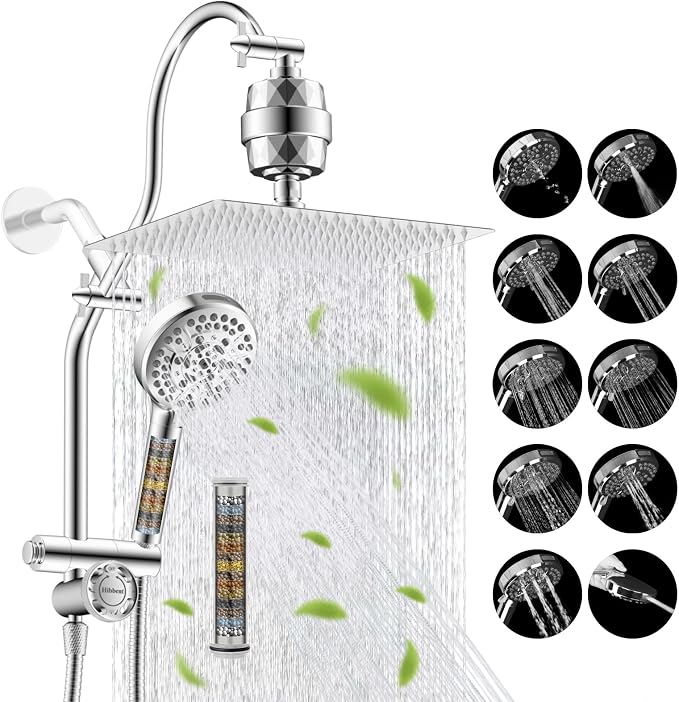 Hibbent 12" Dual Filtered 10" Rainfall Shower Head with Handheld 10-Spray | High Pressure Metal Chrome Showerhead Combo with Filter, 4-way Diverter with Pause Mode, Extension Arm, 71'' Hose & Holder
