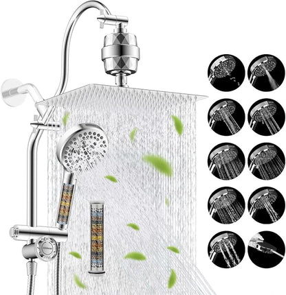 Hibbent 12" Dual Filtered 10" Rainfall Shower Head with Handheld 10-Spray | High Pressure Metal Chrome Showerhead Combo with Filter, 4-way Diverter with Pause Mode, Extension Arm, 71'' Hose & Holder