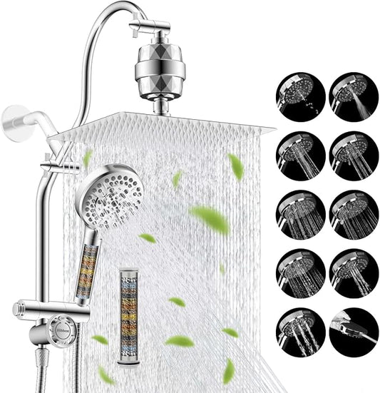 Hibbent 12" Dual Filtered 10" Rainfall Shower Head with Handheld 10-Spray | High Pressure Metal Chrome Showerhead Combo with Filter, 4-way Diverter with Pause Mode, Extension Arm, 71'' Hose & Holder