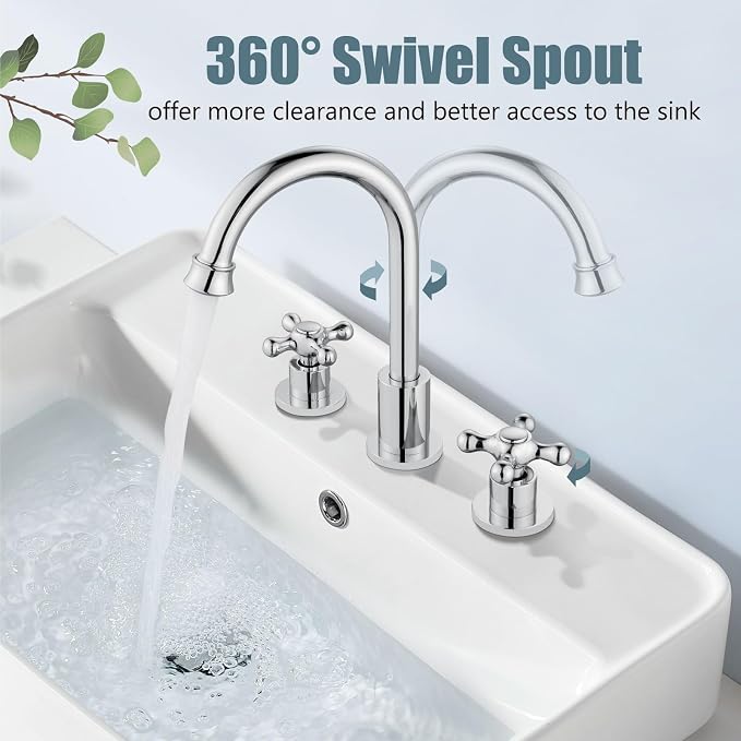 3 Hole Bathroom Sink Faucet Widespread Metal Label Polish Chrome | High-Arc Swivel Spout,Pop Up Drain,Cross Handle,cUPC Hose,for 6-16″Centerset Basin,Farmhouse,RV,Vanity,Lavatory 8" Mixer Tap