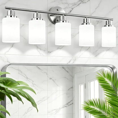 5-Light Brushed Nickel Vanity Lights, Bathroom Light Fixtures with Textured Milky White Glass Shade, Modern Bathroom Lighting Fixtures Over Mirror Wall Sconce Light - E26 Base