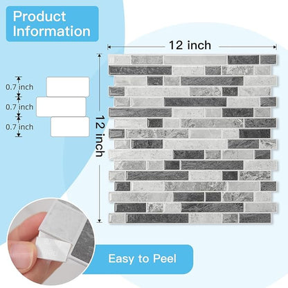 Art3d Linear Tile Peel and Stick Backsplash, 10-Sheet, Multi-Tone Gray | 12 x 12 Inch, Enhanced Thickness, Warp Resistant, Strong Adhesion, Sturdy, for Kitchen, Bedroom, Ideal for Home Improvement