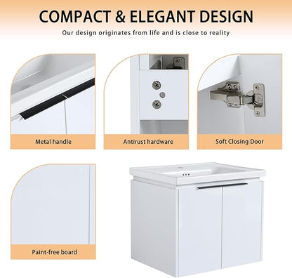24" Bathroom Vanity with Sink, 24 Inch Floating Bathroom Vanity, Modern Bathroom Vanity, White Wall Mounted Cabinet Set