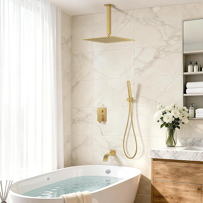 Brushed Gold Shower System with Tub Spout, Ceiling Mounted Bathtub Shower Faucet Set, 12" Rainfall Shower Head and Handheld Shower Combo, High Pressure Shower Fixtures Set with Rough-in Valve