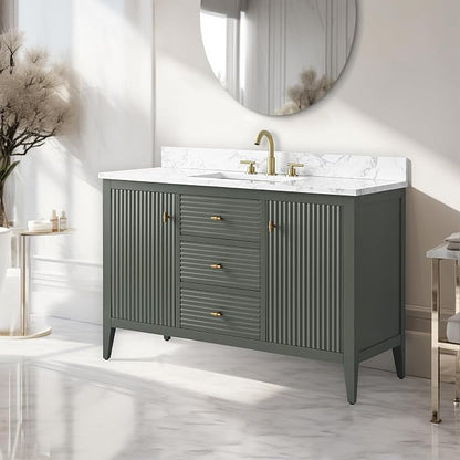 Vanity Art 48 inch Bathroom Vanity with Single Sink & Ceramic Top, Vanity Cabinet with Soft-Closing Door, Solid Wood Frame, Linear Pattern, Vintage Green, Golden Brushed Handware VA9148-VG-GB