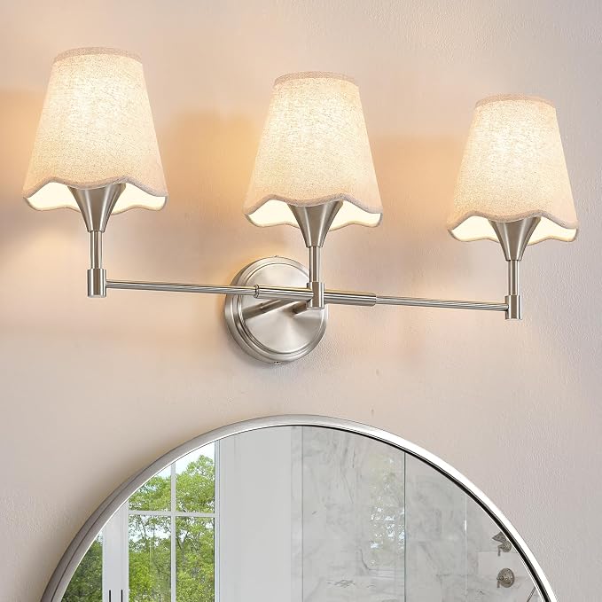 Brushed Nickel Bathroom Vanity Light: 3 Light Vanity Lighting Fixtures with Flared Fabric Shade, Modern Bathroom Lighting Fixtures over Mirror, Wall Sconce Lights for Bedroom Hallway Living Room