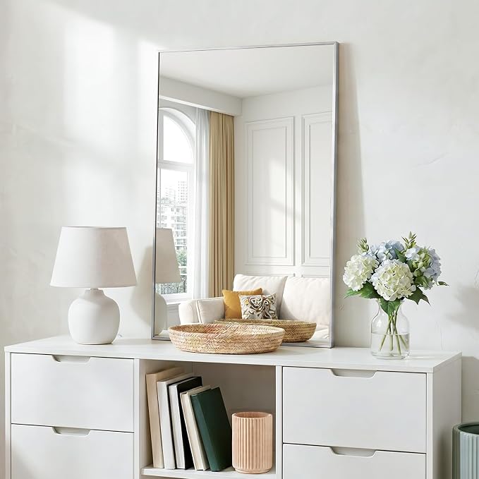 MZON 16" x 24" Brushed Nickel Bathroom Vanity Mirror, Mirror for Over Sink | Aluminum Alloy Frame, Clear Reflection, Rust-Resistant, Vertical or Horizontal, Wall Mount, Bedroom and Entryway
