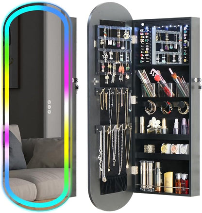 Mirror Jewelry Armoire Cabinet Organizer Wall Mounted Over the Door Black | Full-Length Lockable Rounded Wide Mirror with Storage Interior Mirror Door Mount Adjustable RGB LED Light Gift for Chrismas