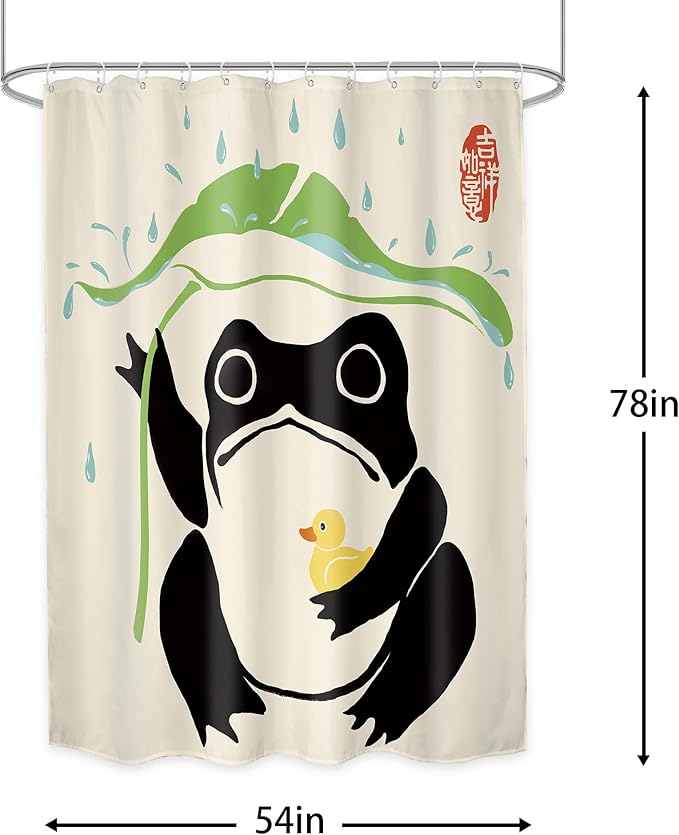 LGhtyro Funny Frog Shower Curtain Bathroom Set 54Wx78H Inches Cute Duck Asian Traditional Japanese Style Taking Lotus Animal Leaf Rain Bath Accessories Frog Art Home Decor Fabric 12 Pack Hooks
