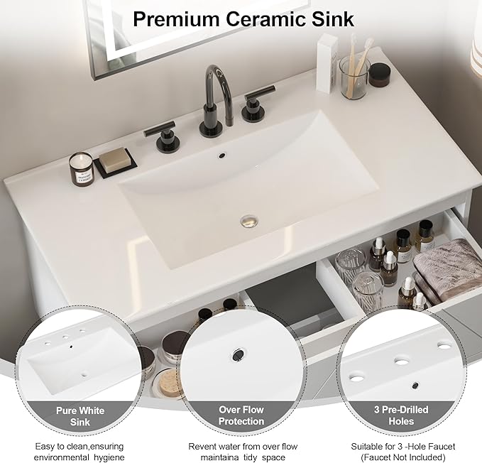 36 inch Bathroom Vanity with Sink, Floating Cabinet with Ceramic Sink, 2 Fluted Drawers Large Storage, Soft-Close Design, Modern (No Faucet)
