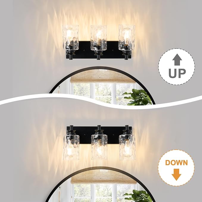 3 Light Bathroom Vanity Light Modern Black Bathroom Light Fixtures Over Mirror with Hammered Glass Lampshade for Kitchen Hallway