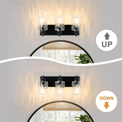 3 Light Bathroom Vanity Light Modern Black Bathroom Light Fixtures Over Mirror with Hammered Glass Lampshade for Kitchen Hallway