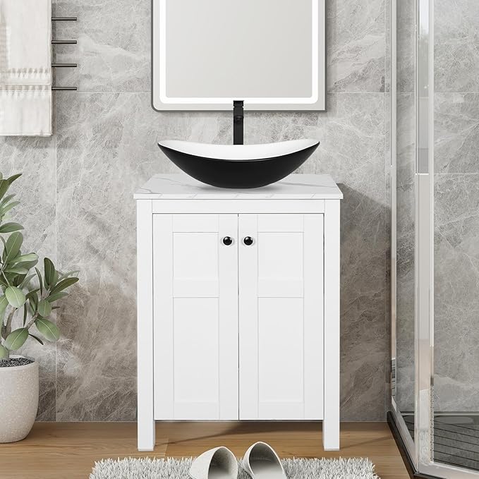 24 Inch White Bathroom Vanity with Marble Texture Top, Traditional Standing Pedestal Cabinet with Black and White Boat Ceramic Sink