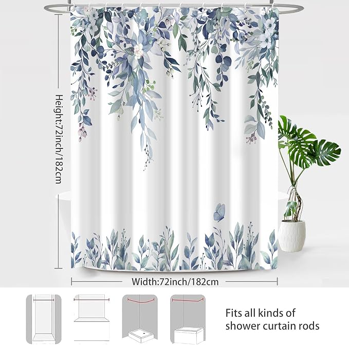 Blue Floral Eucalyptus Shower Curtain with Hooks, 72x72 Inch | Waterproof Fabric, Watercolor Leaves and Floral, Botanical Style, Machine Washable, Quick-Drying, for Hotel Bathroom