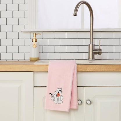 SKL Home Halloween Ghost Cat Hand Towel Set-2pc, 100% Cotton, Pink | Soft, embroidered velour. Great for the bathroom, kitchen or bar & gifting.