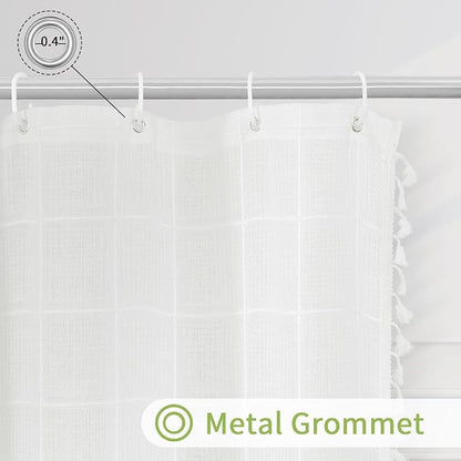 Small Stall Boho Farmhouse Shower Curtain for Bathroom 36x72 | Narrow Half French Country Plaid Tassel Shower Curtain, Rustic Aesthetic Bathroom Decor Windows Curtain, White