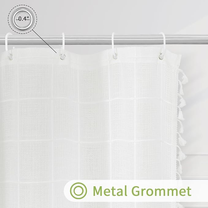 White Boho Farmhouse Shower Curtain with Tassels, Rustic Cottagecore Aesthetic Bohemian Chic Modern Bathroom Decor Thick Waffle Textured Fabric Shower Curtain Set with Hooks, 72x72 | 320 GSM French Country Plaid Tassel Shower Curtain, Rustic Aesthetic ...