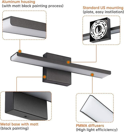 JUSHENG Black Modern LED Bathroom Vanity Light Fixtures, 16 Inch 16W Bathroom Light Fixtures Over Mirror, Wall Light Fixtures Cool White 6000K
