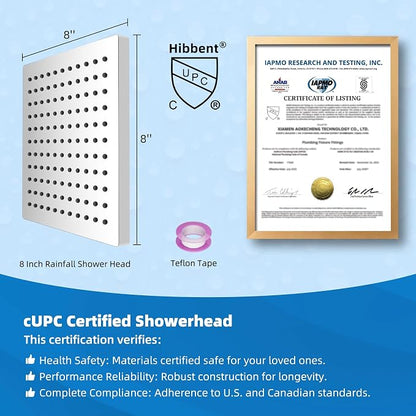 Hibbent cUPC Certified Thickness Metal 8'' Square Rain Shower Head, Chrome | High Pressure Shower Head, Bathroom Waterfall Shower Heads, High Flow Fixed Showerheads with Adjustable Brass Ball Joint