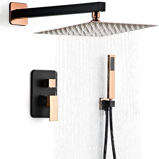 Shower Faucet Set, Matte Black and Rose Gold Rainfall Shower System Complete Wall Mounted for Bathroom with 12 Inch Square Shower Head and Handheld Shower Head Rain Mixer Combo Set