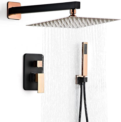 Shower Faucet Set, Matte Black and Rose Gold Rainfall Shower System Complete Wall Mounted for Bathroom with 12 Inch Square Shower Head and Handheld Shower Head Rain Mixer Combo Set