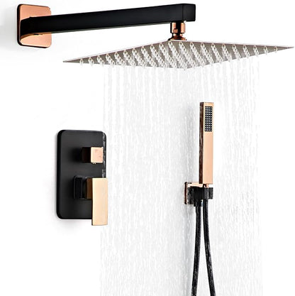 Shower Faucet Set, Matte Black and Rose Gold Rainfall Shower System Complete Wall Mounted for Bathroom with 10 Inch Square Shower Head and Handheld Shower Head Rain Mixer Combo Set