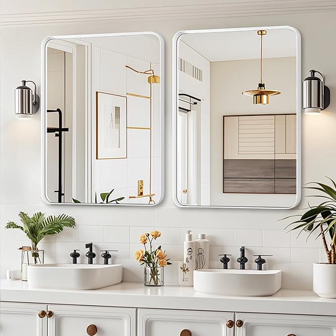 Fabuday Bathroom Mirror for Wall 30x22 Inch - White Metal Framed Over Sink Mirrors, White Vanity Mirror for Bedroom, Farmhouse Decor, Matte Finish, Horizontal or Vertical Hanging