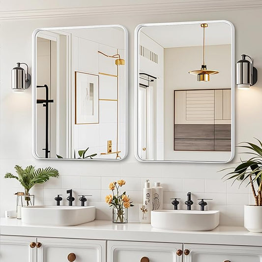 Fabuday Bathroom Mirror for Wall 30x22 Inch - White Metal Framed Over Sink Mirrors, White Vanity Mirror for Bedroom, Farmhouse Decor, Matte Finish, Horizontal or Vertical Hanging