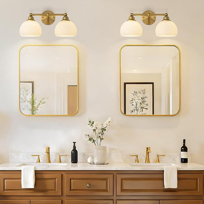Bathroom Vanity Light Fixtures 2 Light Modern Bathroom Lights over Mirror | Vintage Gold Antique Restroom Light Fixture with Milk White Glass Shade for Bathroom, Bedroom E26 Base