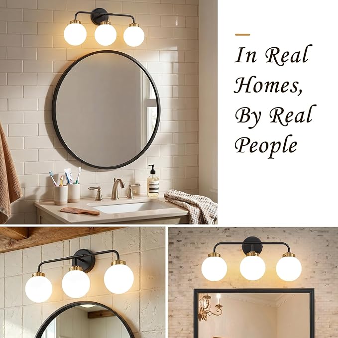 Modern Black and Gold Vanity Lights for Bathroom, Mid Century 3 Light Bathroom Vanity Light with Globe Milky White Glass Shade Over Mirror, Black and Gold Wall Sconce for Bathroom Hallway Living Room