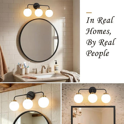 Modern Black and Gold Vanity Lights for Bathroom, Mid Century 3 Light Bathroom Vanity Light with Globe Milky White Glass Shade Over Mirror, Black and Gold Wall Sconce for Bathroom Hallway Living Room
